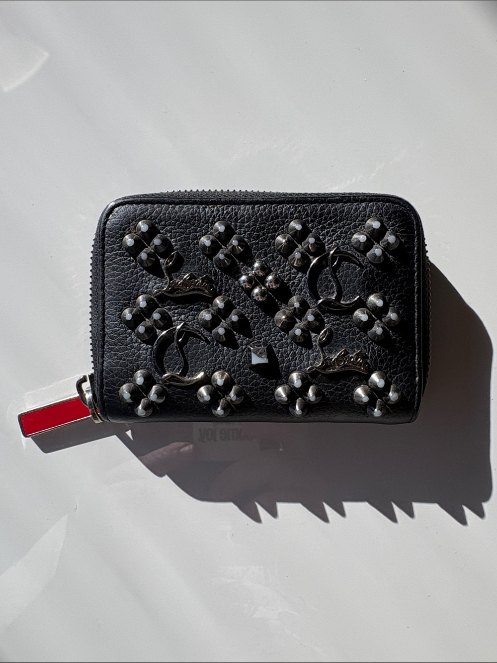 Black Embellished Zip Card Holder with Pearl Studs